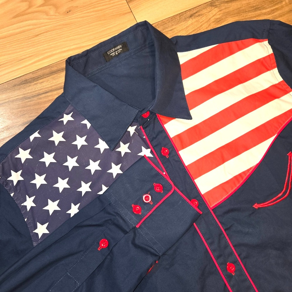 Coofandy Western Style American Flag Shirt Mens Multicolor Sz S Button Long Slee